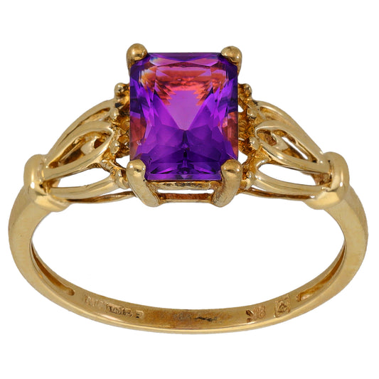 9ct gold amethyst single-stone ring with square cushion purple gemstone and four prongs