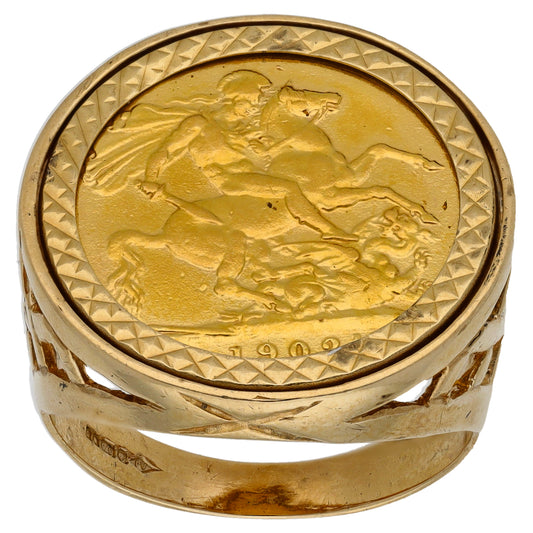 9ct Gold Full Sovereign Coin Ring Size W
