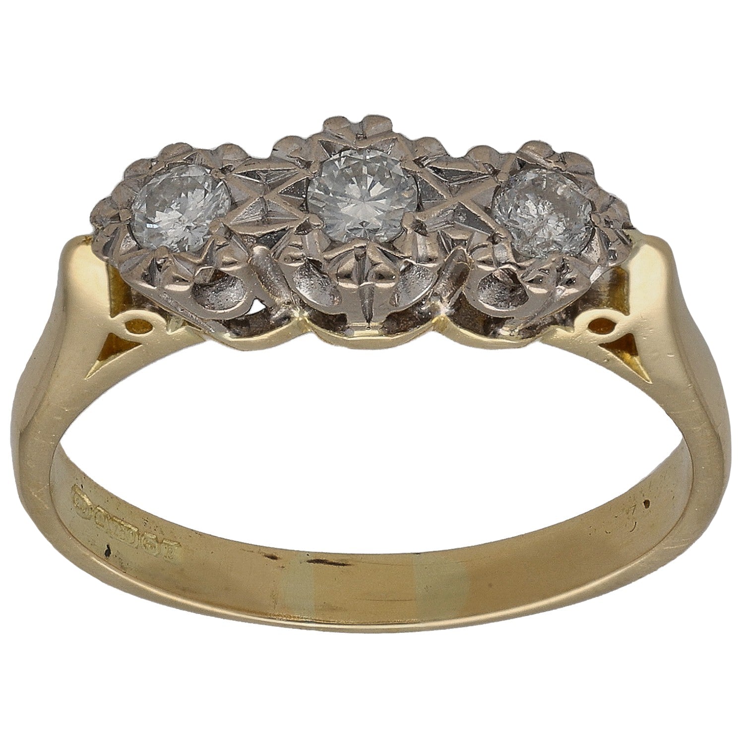 Bicolour gold three-stone round diamond ring with raised center diamond cluster