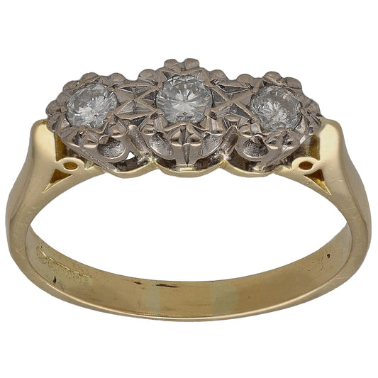 Bicolour gold three-stone round diamond ring with raised center diamond cluster
