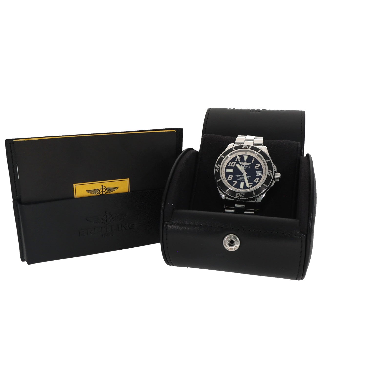 Breitling Superocean A17364 stainless steel watch on black leather presentation roll
