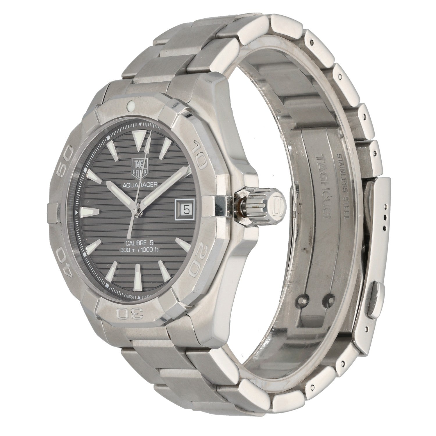 Tag Heuer Aquaracer WAY2113, grey dial on stainless steel bracelet and case, angled front image