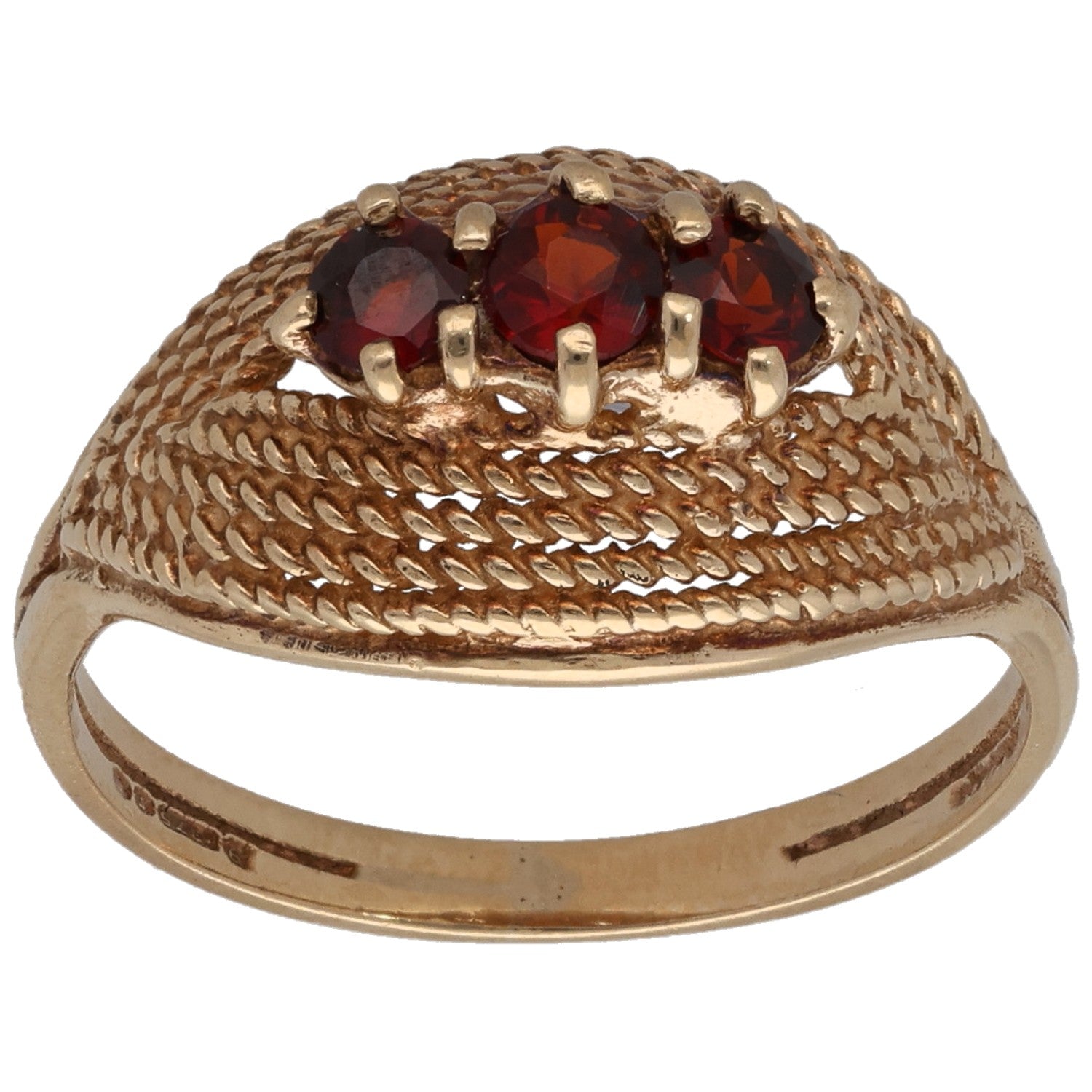 9ct gold three-stone garnet ring with textured band and red gemstone settings