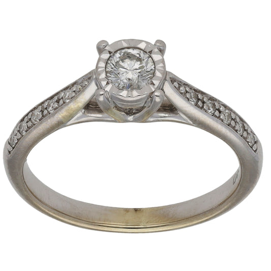 9ct White Gold 0.25ct Diamond Solitaire Ring With Accent Stones Size K