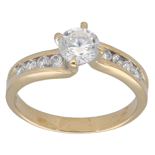 9ct Gold Cubic Zirconia Single Stone Ring with Accent Stones Size L