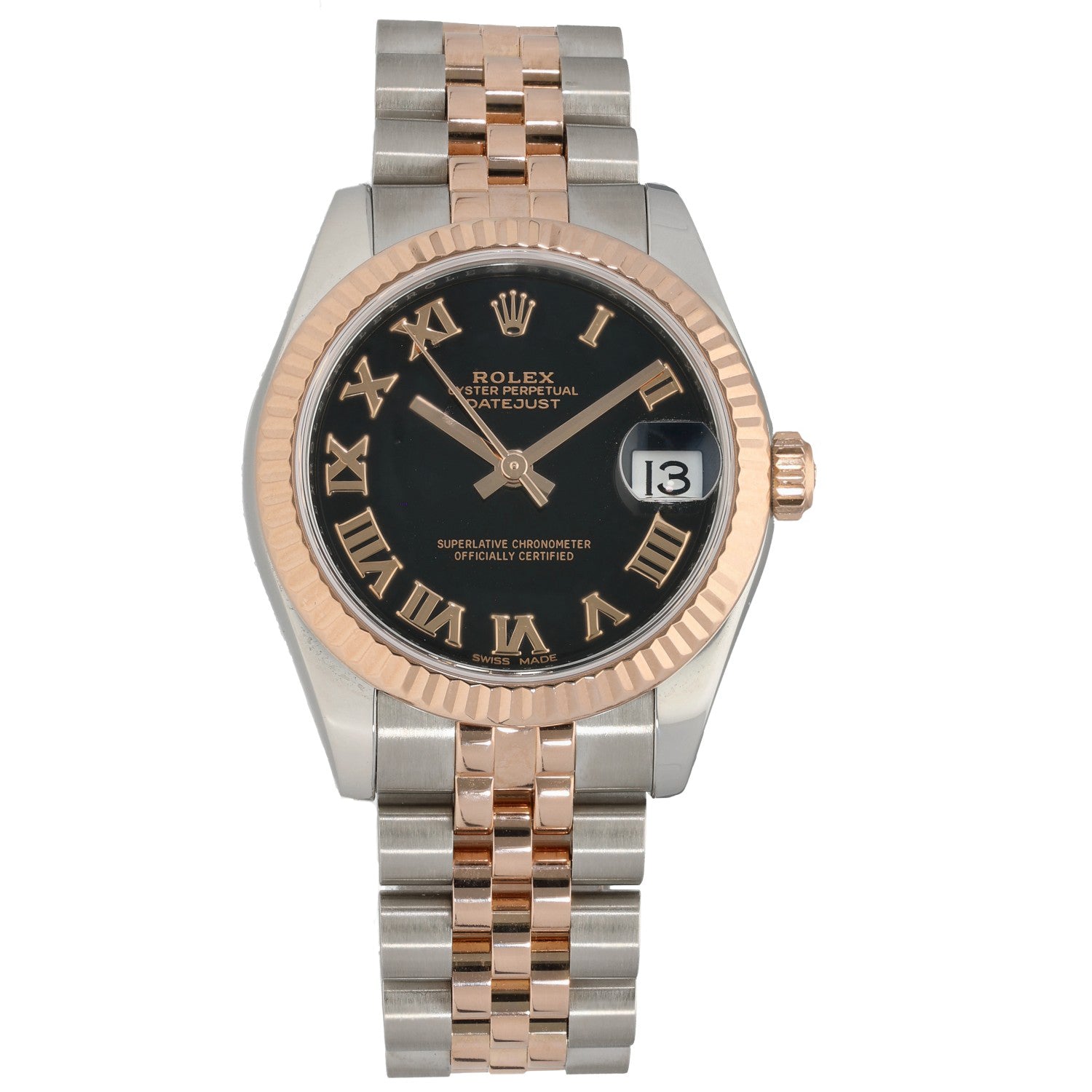 Rolex Datejust 178271 bi-color watch with black dial, Roman numerals, rose-gold bezel