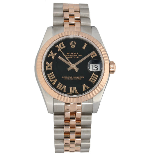 Rolex Datejust 178271 bi-color watch with black dial, Roman numerals, rose-gold bezel