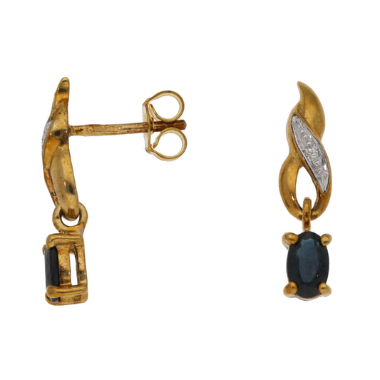 9ct Gold Sapphire & 0.01ct Diamond Drop Earrings