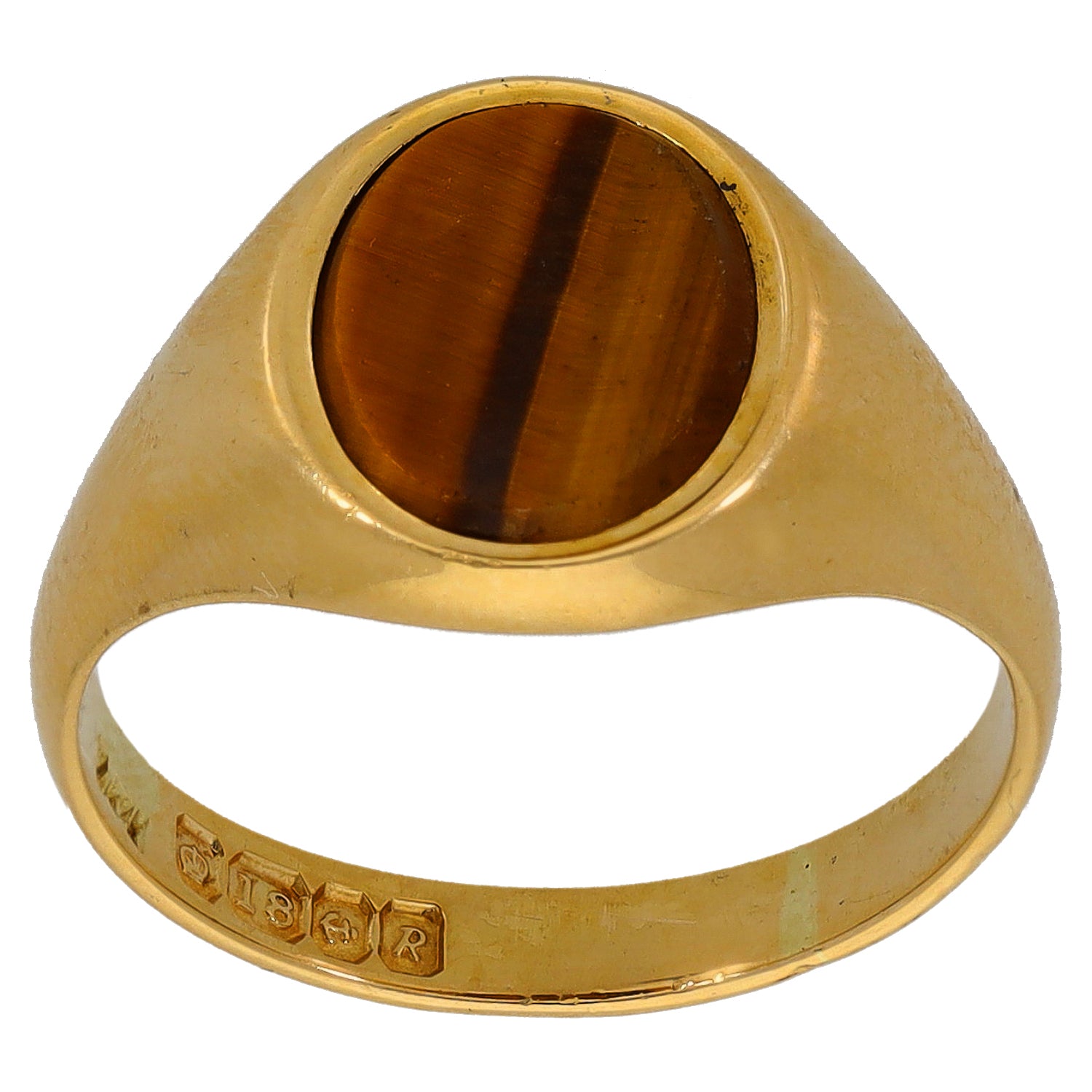Gold ring with oval tiger-eye cabochon and engraved inner band, single-stone setting