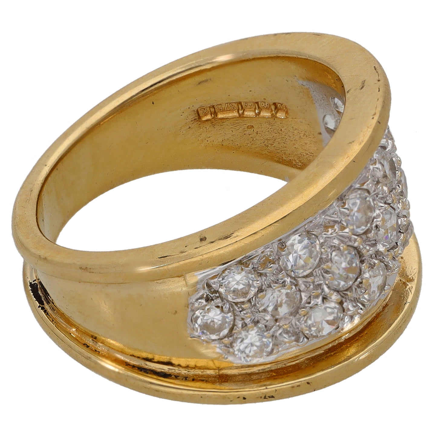 Two-tone gold CZ cluster ring with clear stones on outer band; inside stamp visible
