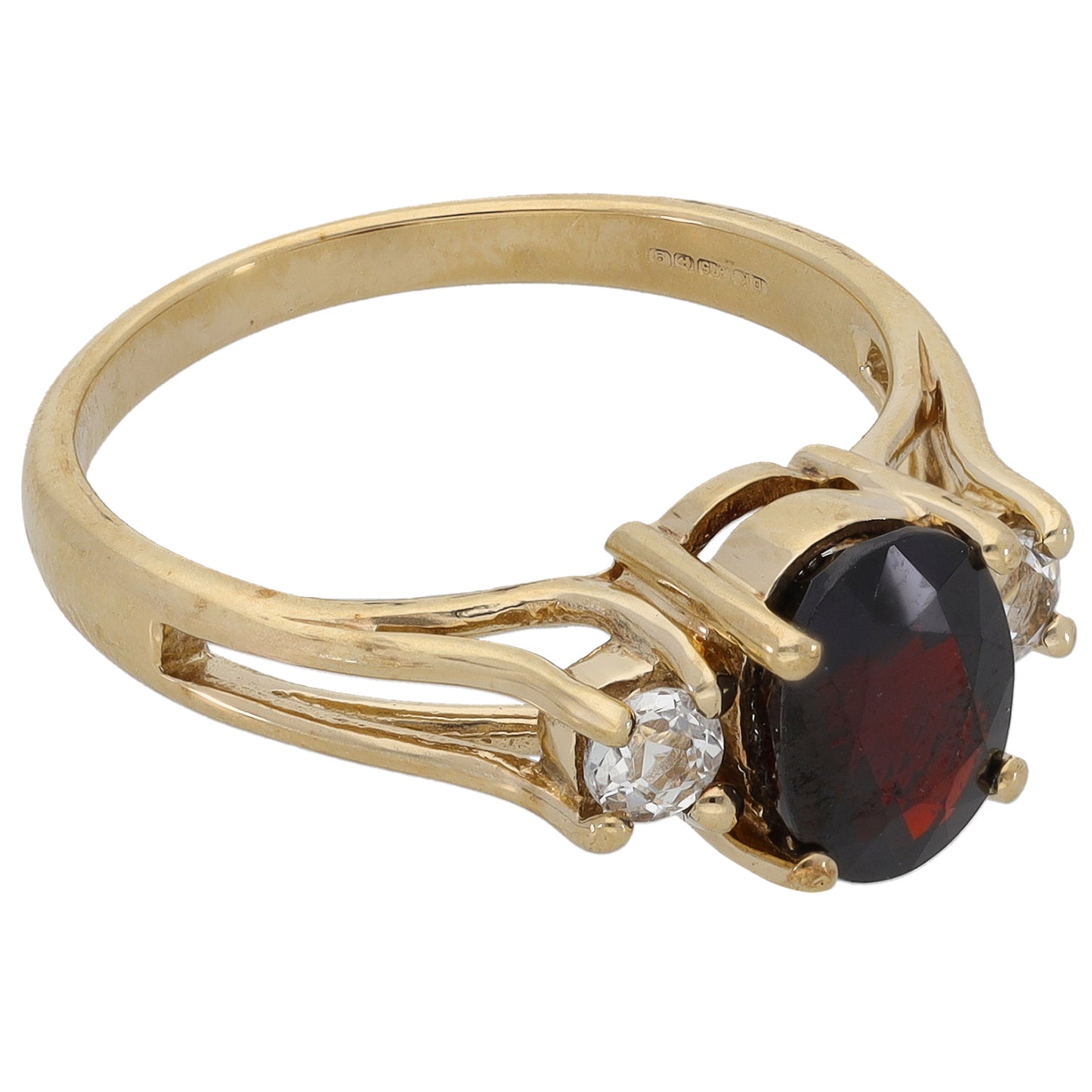 9ct Gold Garnet & White Topaz Three Stone Ring Size N