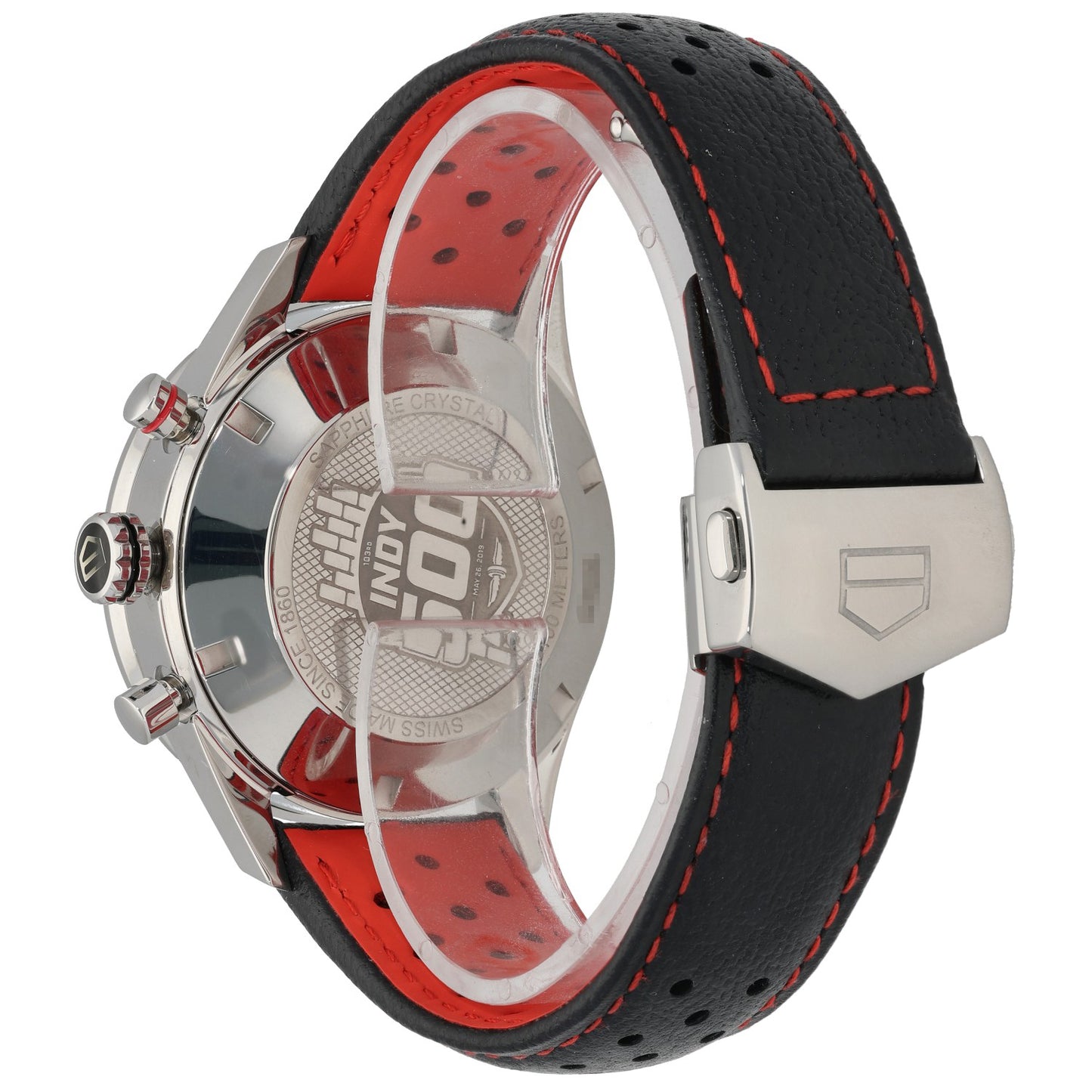 Tag Heuer Carrera CV201AS Stainless steel chronograph watch with black leather strap and clear case back