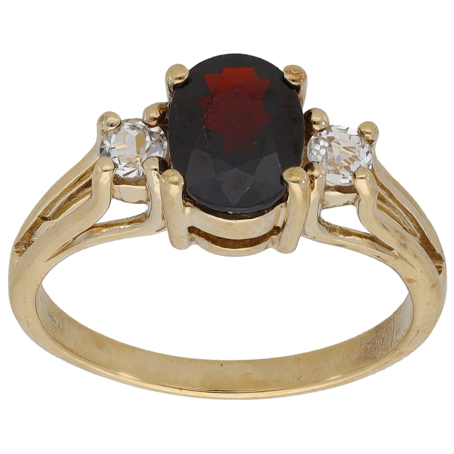 9ct Gold Garnet & White Topaz Three Stone Ring Size N