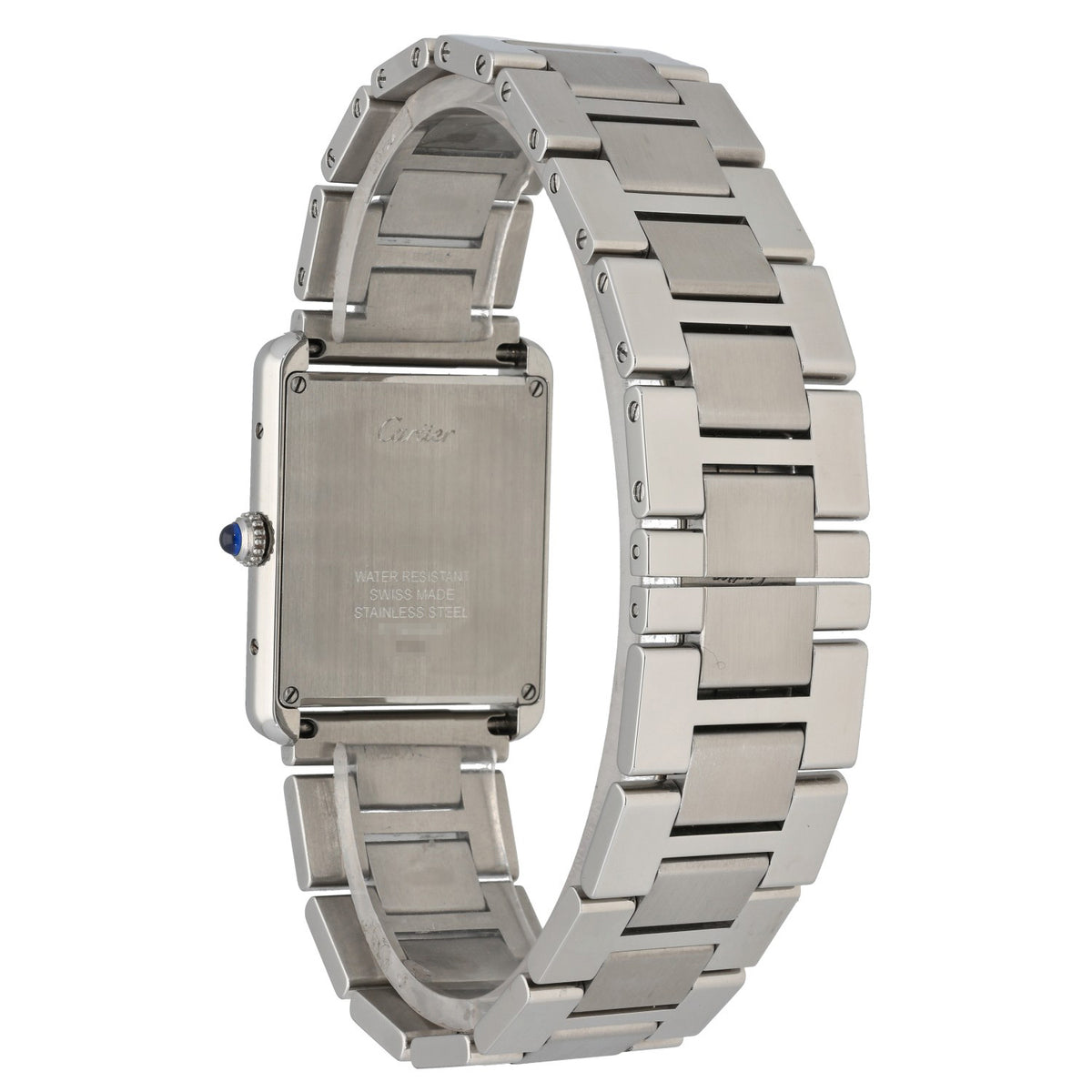 Cartier Tank Solo W5200014, on stainless steel case and bracelet with blue crown