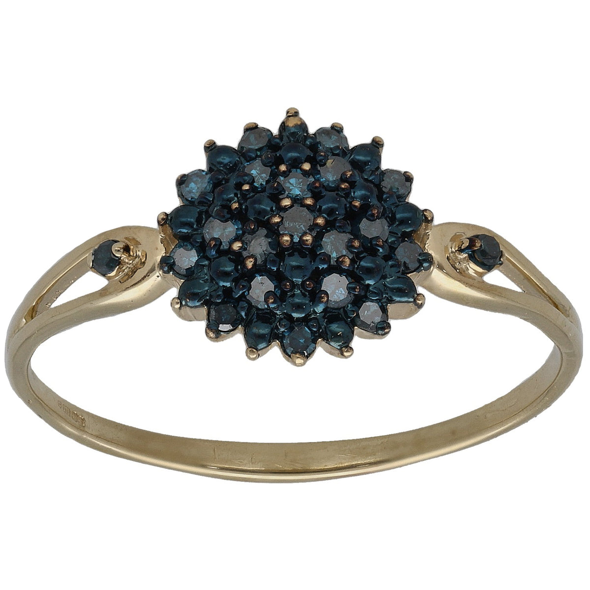 Gold ring with dark blue round gemstone cluster top and prong-set side stones