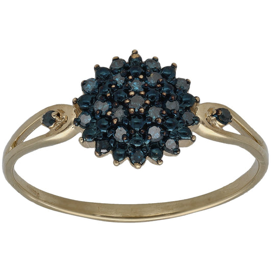 Gold ring with dark blue round gemstone cluster top and prong-set side stones