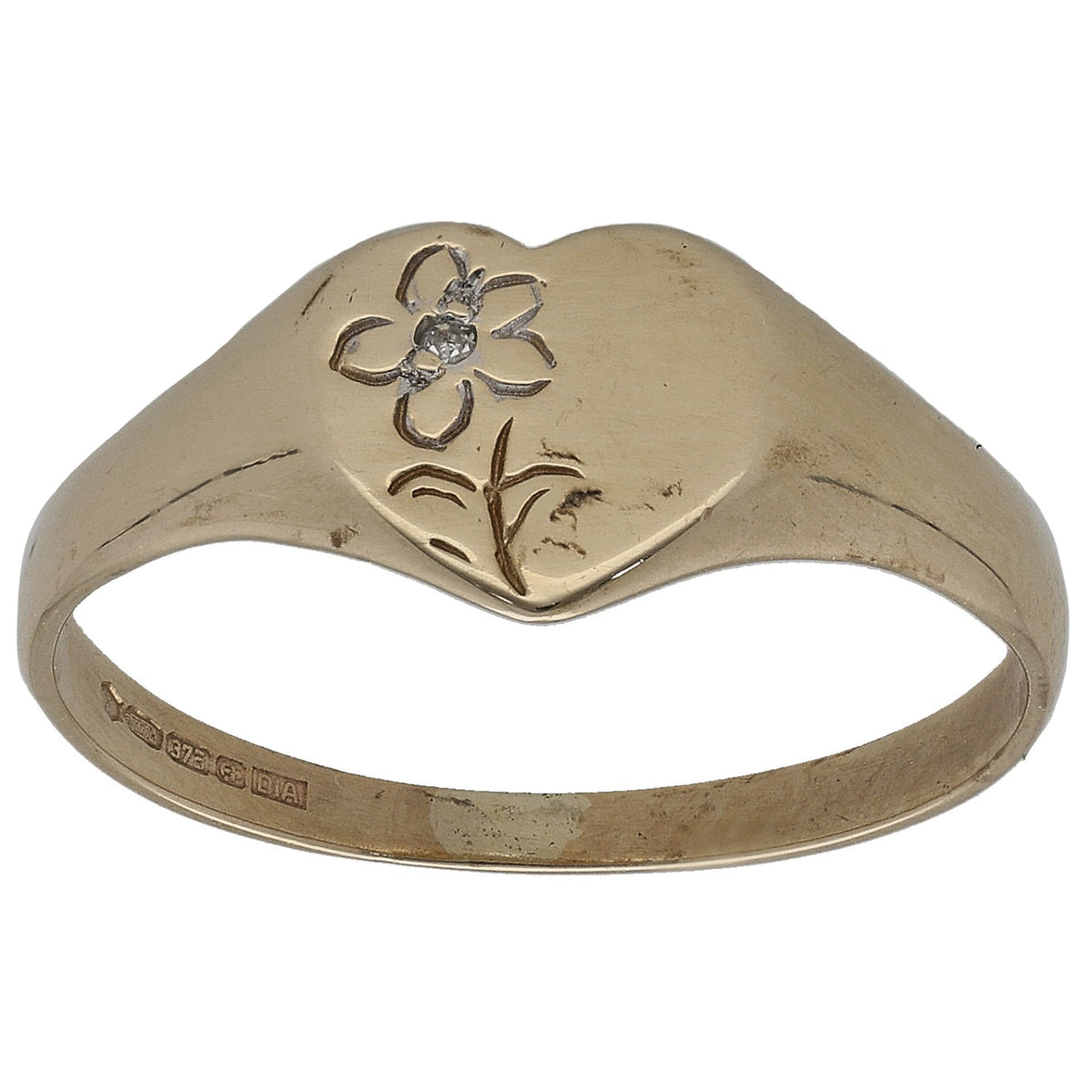 9ct gold signet ring with engraved floral pattern and small round diamond accents