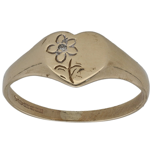 9ct gold signet ring with engraved floral pattern and small round diamond accents