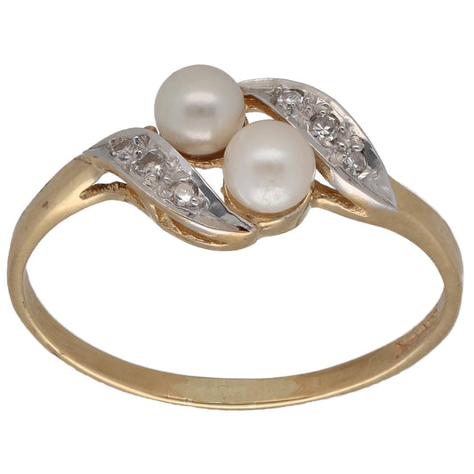 9ct Gold Cultured Pearl & 0.03ct Diamond Dress/Cocktail Ring Size P