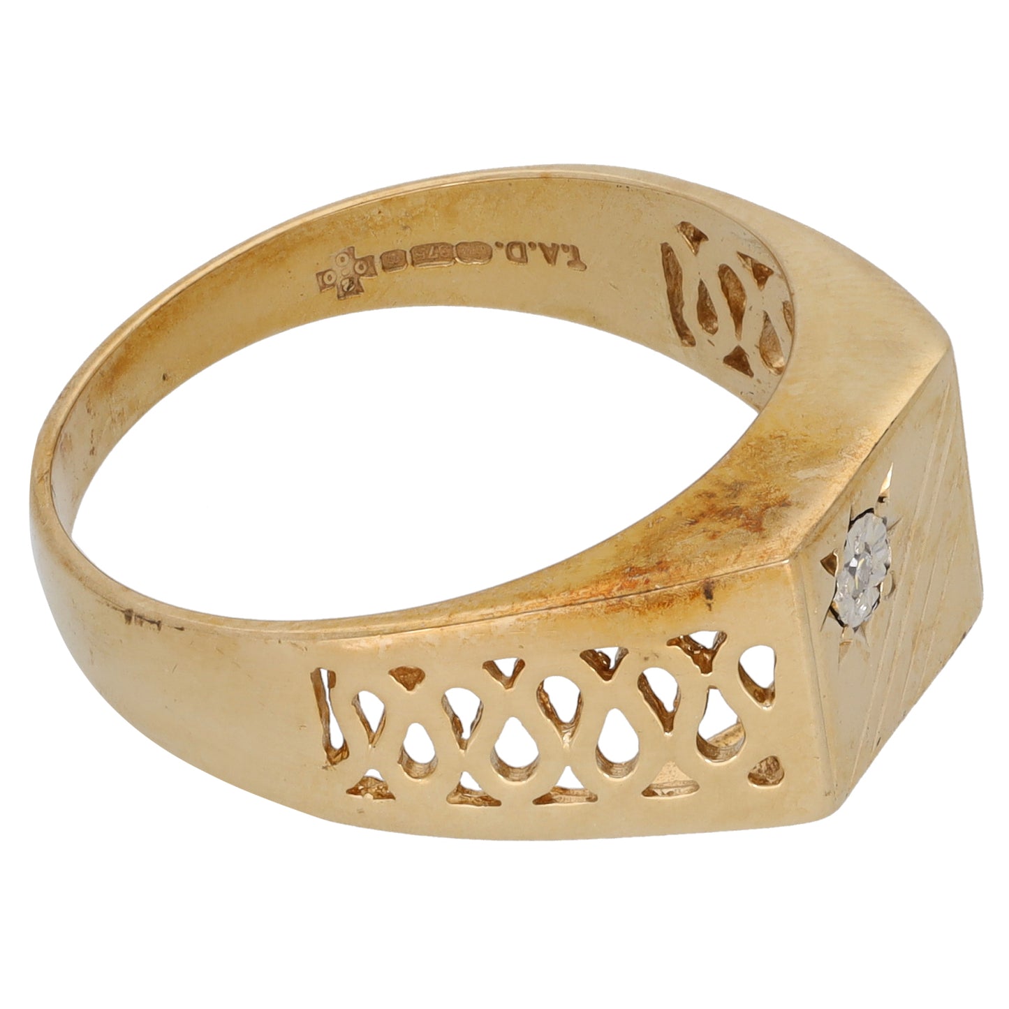 9ct Gold 0.01ct Diamond Patterned Signet Ring Size S