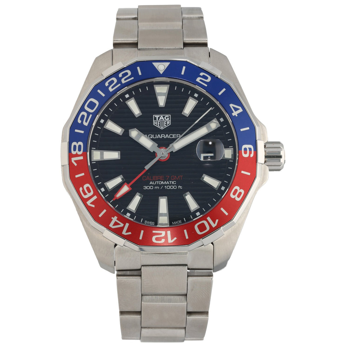 Tag Heuer Aquaracer GMT WAY201F, black dial with red and blue GMT bezel.