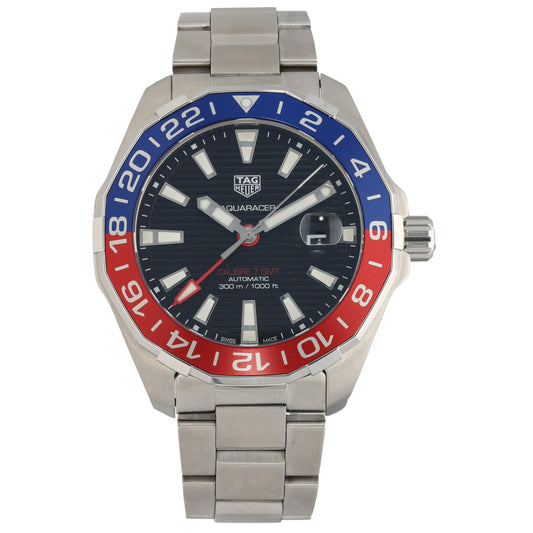 Tag Heuer Aquaracer GMT WAY201F, black dial with red and blue GMT bezel.