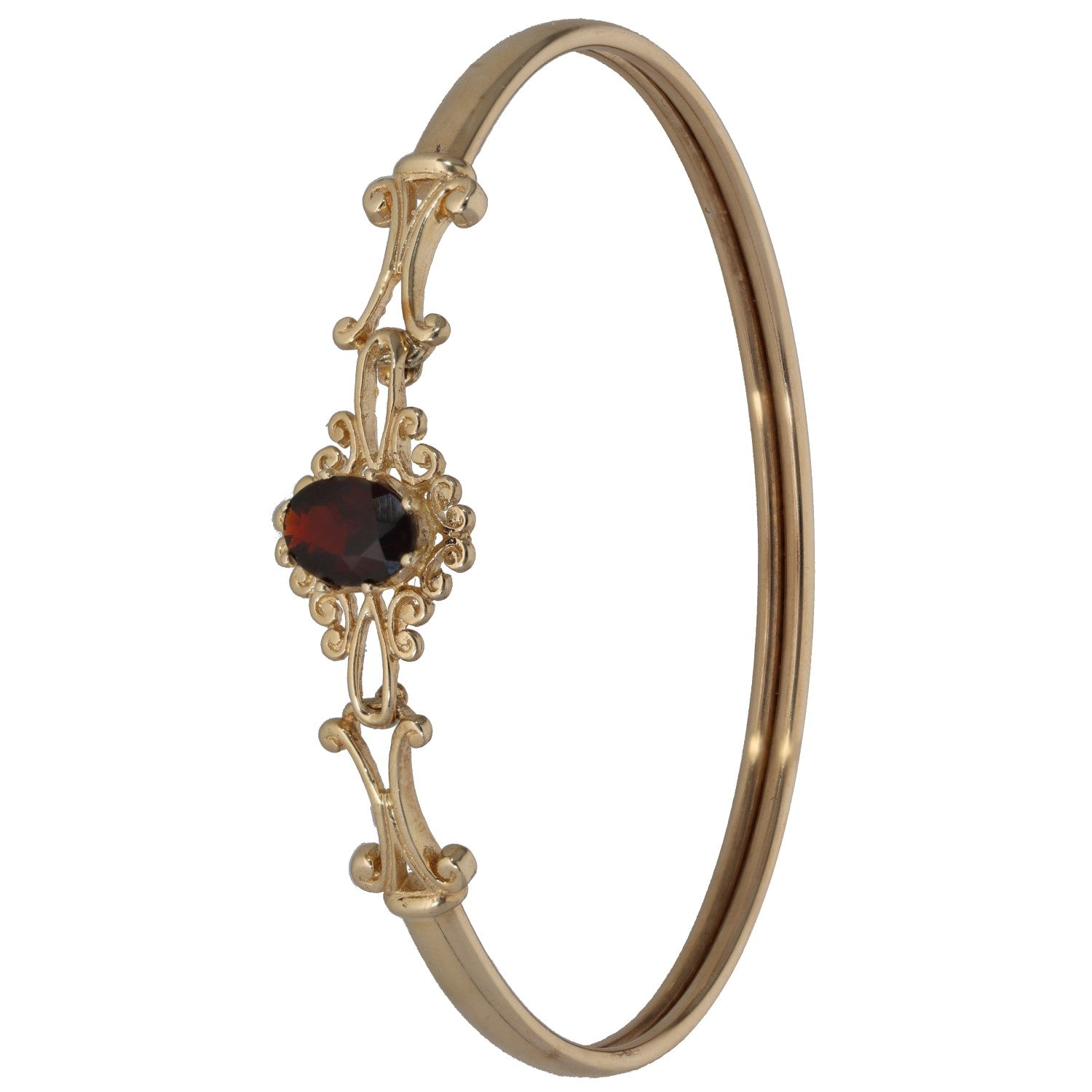 9ct gold garnet hinged bangle with ornate dark red stone and clasp detail