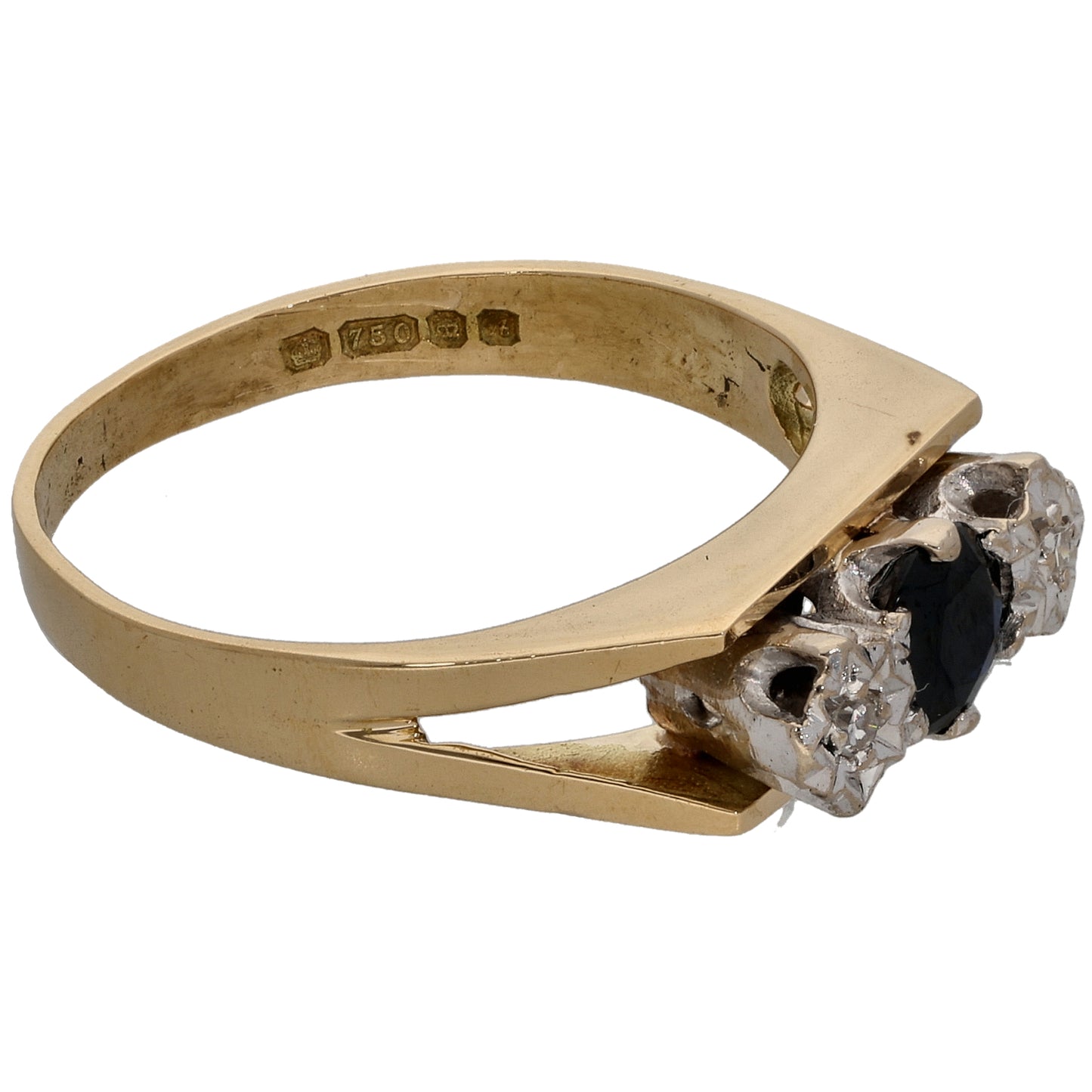 18ct Bicolour Gold Sapphire & 0.02ct Diamond Trilogy Ring Size N