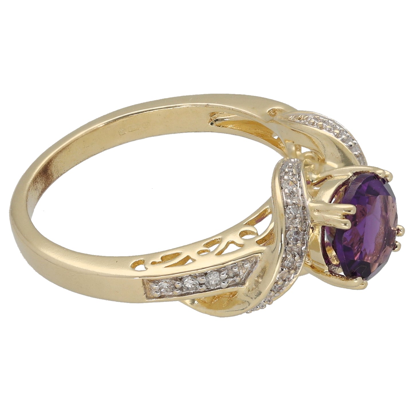 9ct Gold Amethyst & 0.08ct Diamond Dress/Cocktail Ring Size N