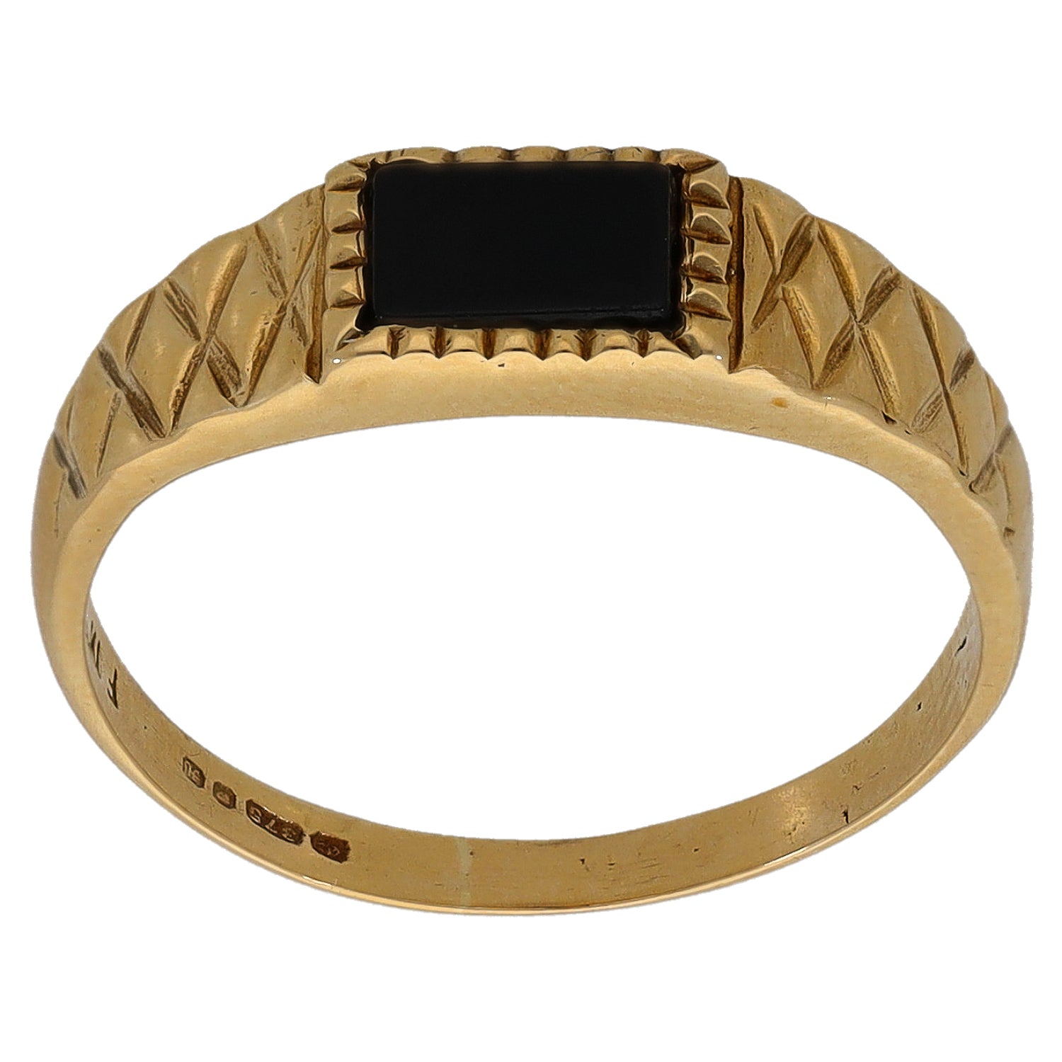 Gold-tone onyx signet ring with black rectangular stone and patterned shoulders