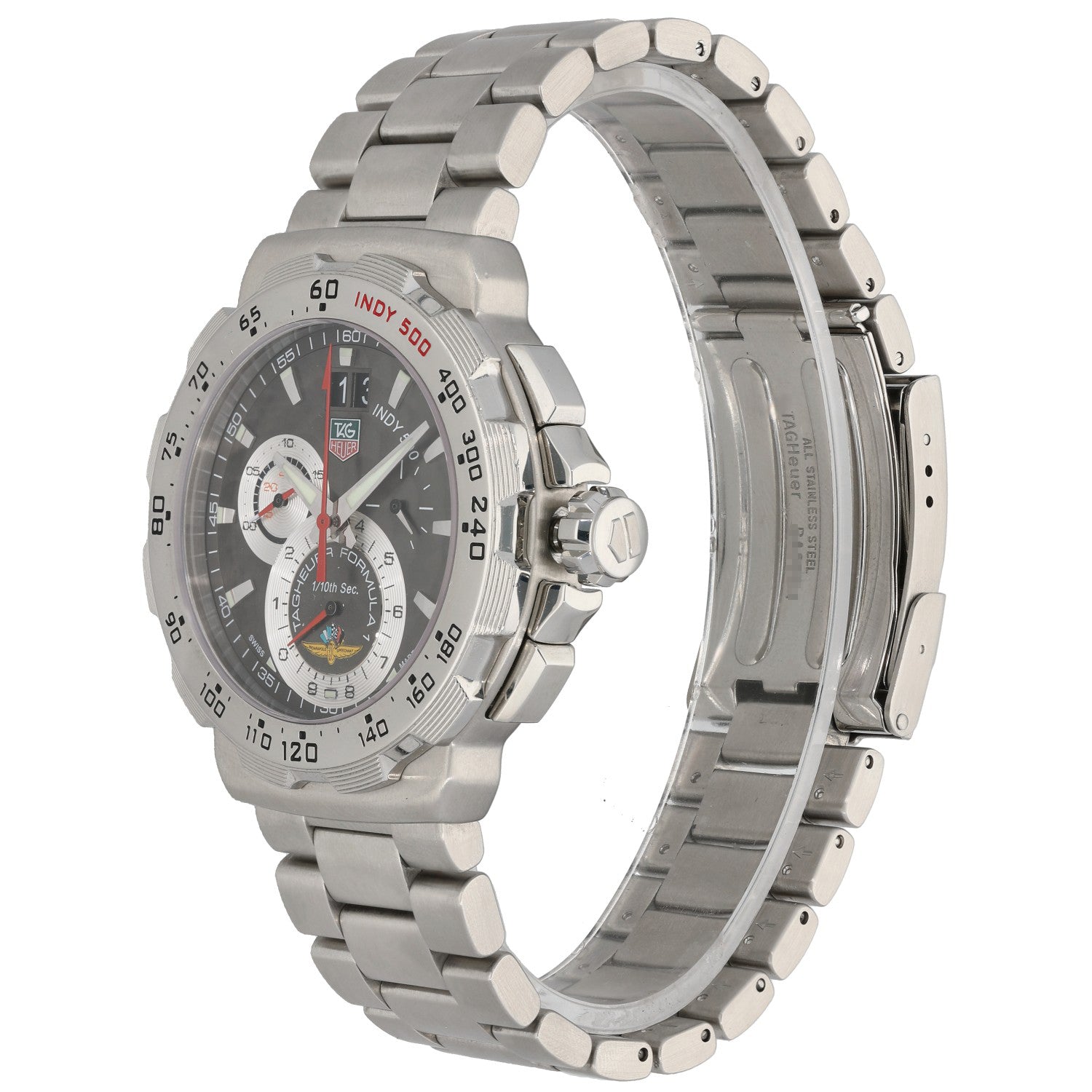Tag Heuer F1 cah101a stainless steel watch side view, black dial, crown and pushers, steel bracelet