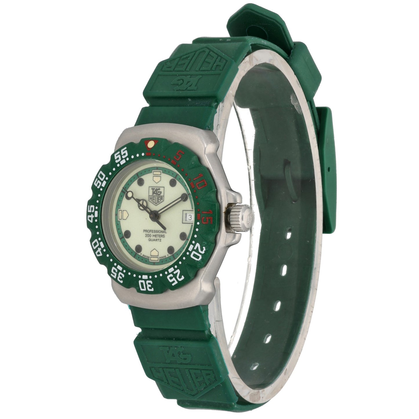 Tag Heuer Formula 1 WA1412, light green dial with a darker green rubber bracelet, front angle image.