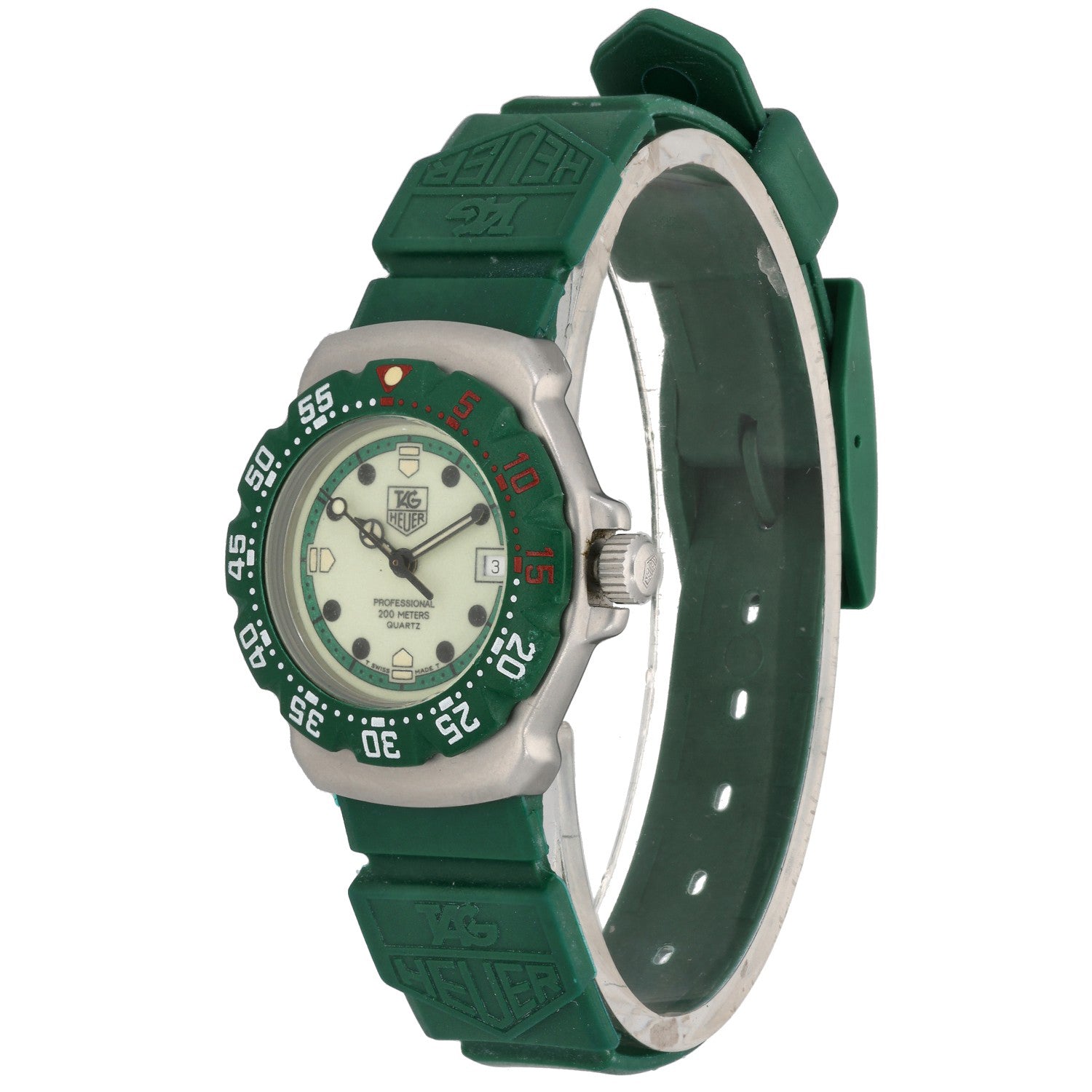 Tag Heuer Formula 1 WA1412, light green dial with a darker green rubber bracelet, front angle image.