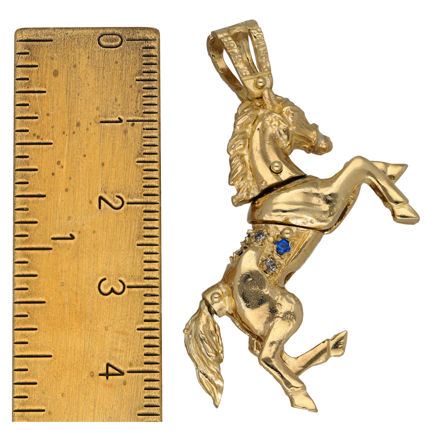 Gold-tone rearing horse pendant with blue stone and small clear stone accents, loop bail.