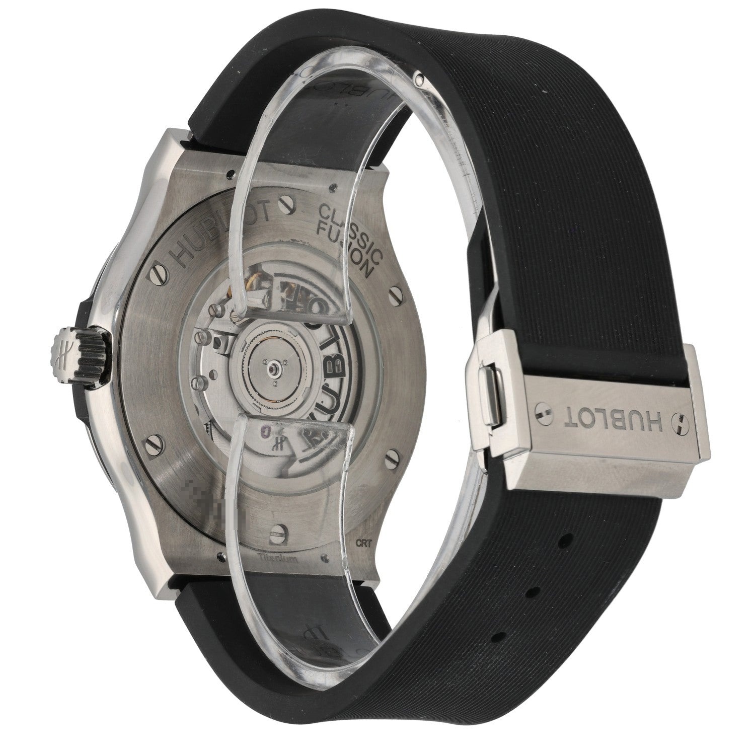 Hublot Classic Fusion 45mm Titanium, on back rubber strap, rear angled image