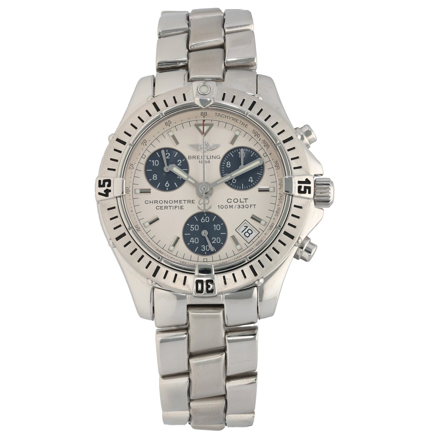 Breitling Colt A73350 Stainless steel chronograph watch with silver dial, three subdials, and minute track
