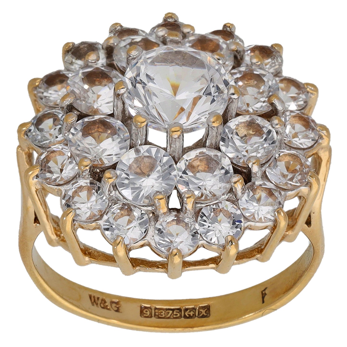9ct gold CZ cluster ring, top view: faceted round stones in an openwork halo