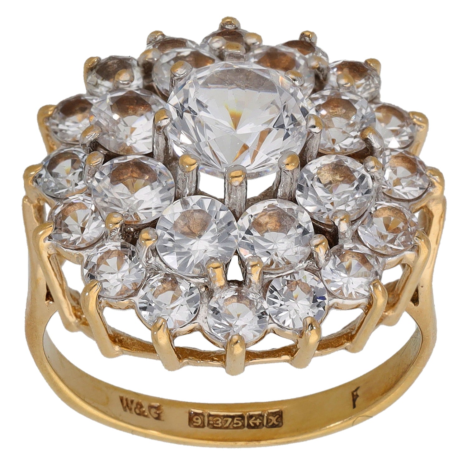 9ct gold CZ cluster ring, top view: faceted round stones in an openwork halo