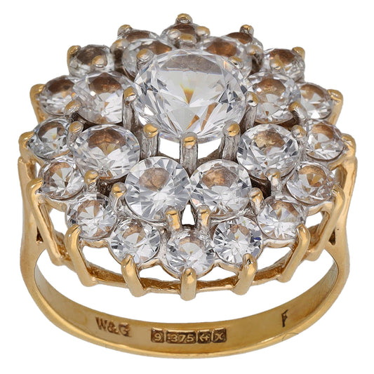 9ct gold CZ cluster ring, top view: faceted round stones in an openwork halo
