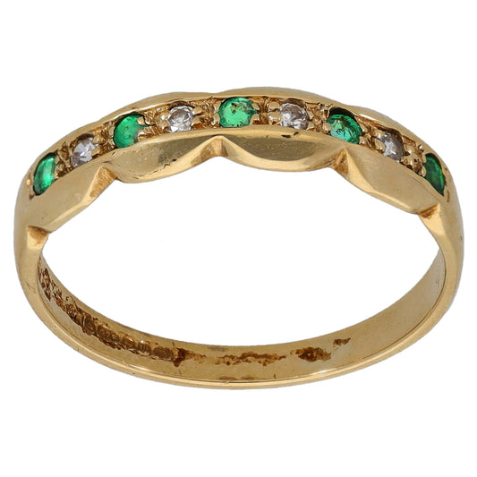9ct gold half eternity ring with emerald and CZ stones, size K