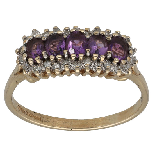 9ct Gold Amethyst & 0.10ct Diamond Dress/Cocktail Ring Size S