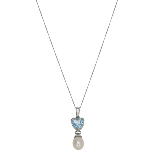 9ct White Gold Cultured Pearl & Topaz Dress/Cocktail Pendant With Chain