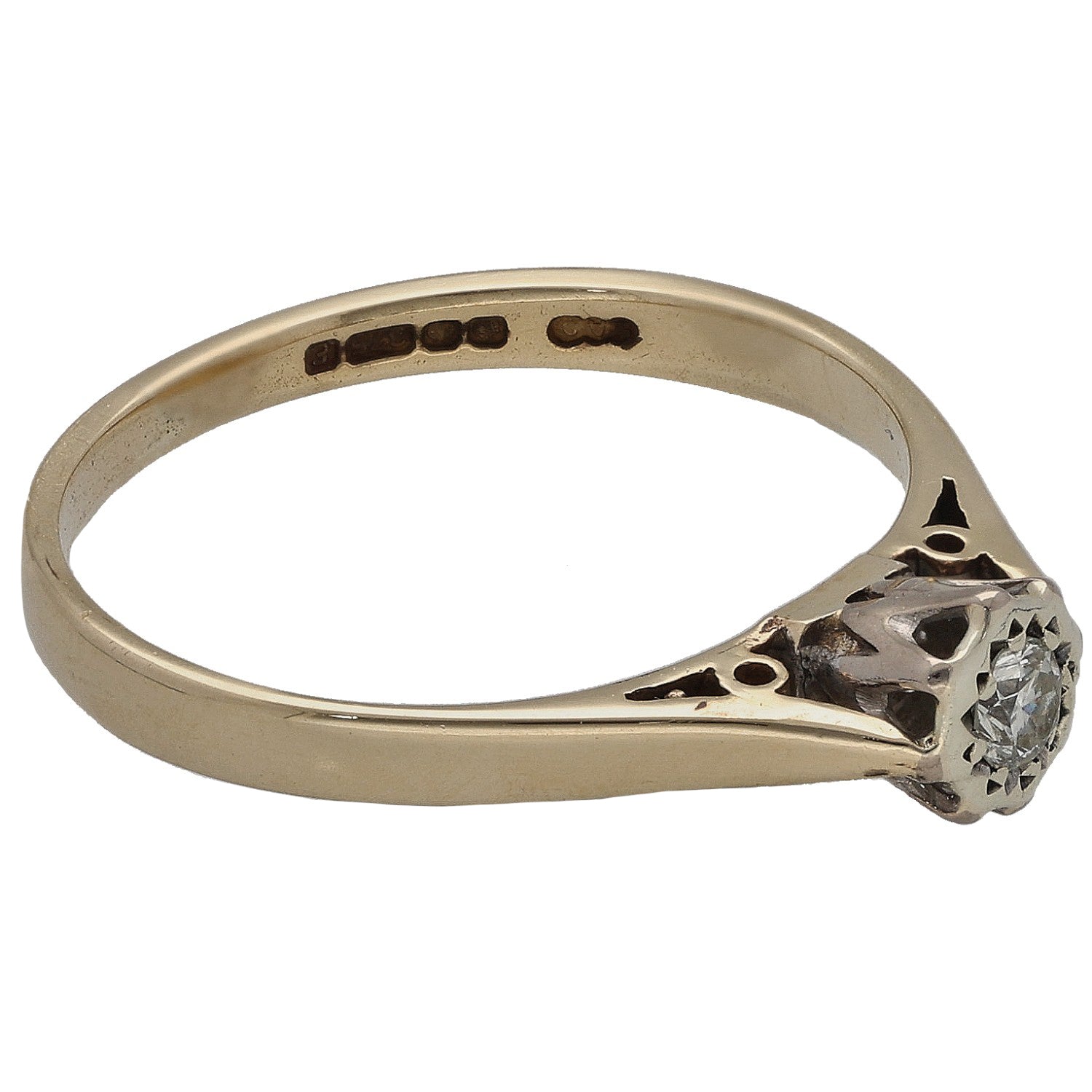 9ct gold solitaire ring with round diamond setting and dark inset detail