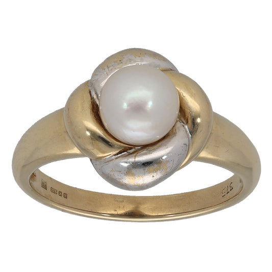 9ct Bicolour Gold Cultured Pearl Single Stone Ring Size M