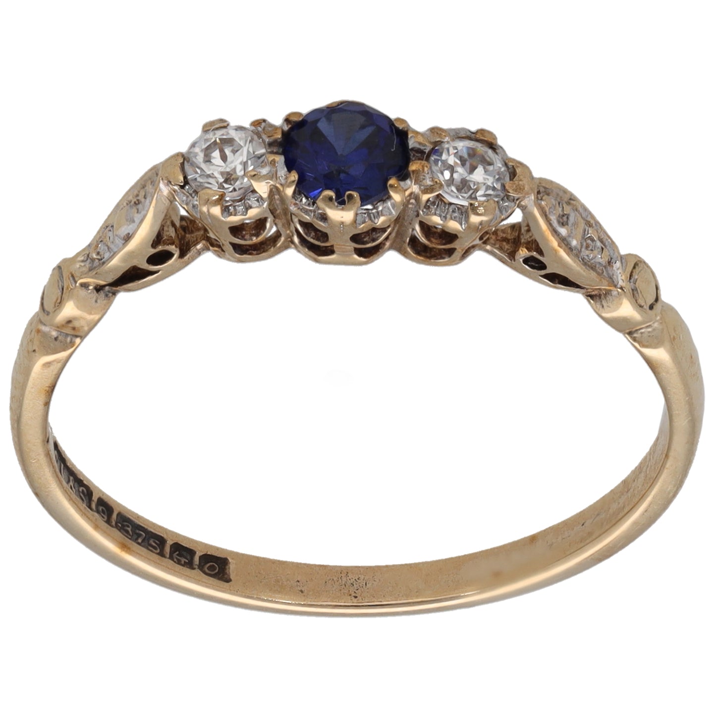9ct Gold Man Made Sapphire & Cubic Zirconia Three Stone Ring Size Q