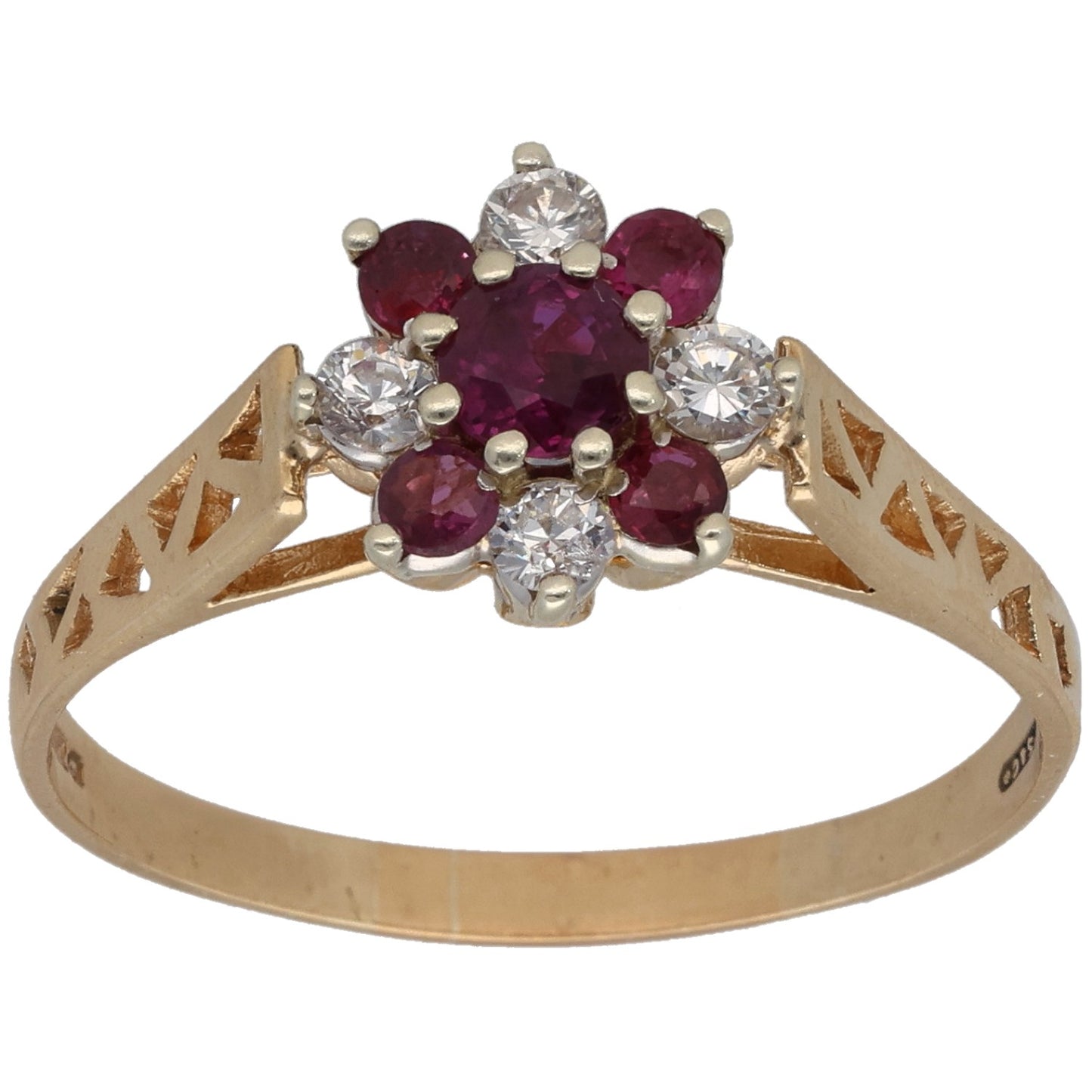 9ct gold cocktail ring with ruby and CZ cluster, openwork band