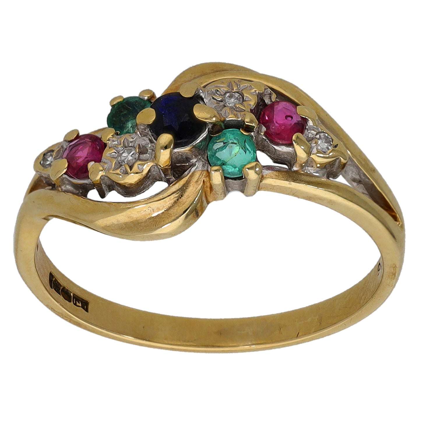 9ct Gold Sapphire, Emerald,  Ruby & 0.04ct Diamond Dress/Cocktail Ring Size M