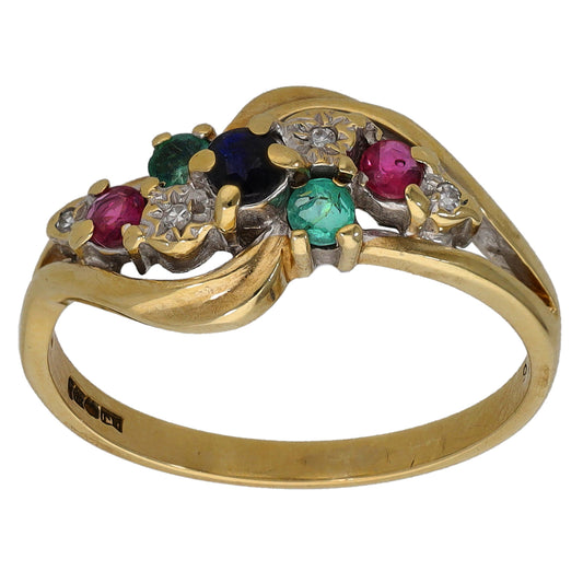 9ct Gold Sapphire, Emerald,  Ruby & 0.04ct Diamond Dress/Cocktail Ring Size M
