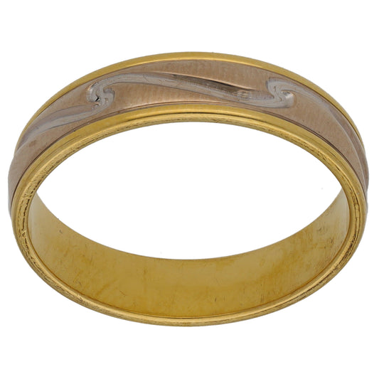 18ct Bi-Colour Gold Patterned Wedding Ring Size S