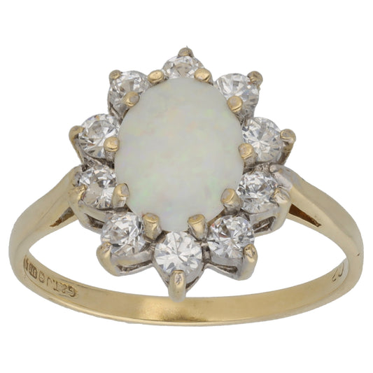 9ct Gold Opal & Cubic Zirconia Cluster Ring Size P